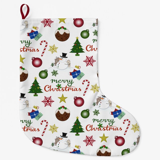 Christmas Illustration Mix Pattern Large Christmas Stocking (Front)