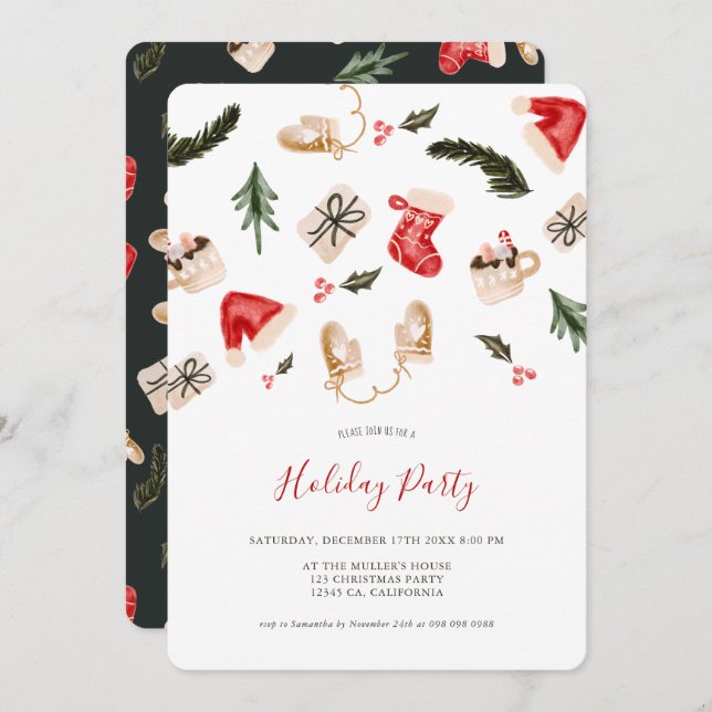 Christmas illustration watercolor holiday party invitation (Front/Back)