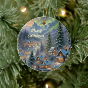 Christmas in a mountain village, polar lights ceramic tree decoration