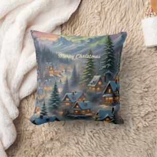 Christmas in a mountain village, polar lights cushion