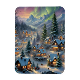 Christmas in a mountain village, polar lights,   magnet