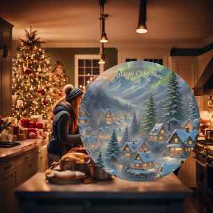 Christmas in a mountain village, polar lights  paper plate