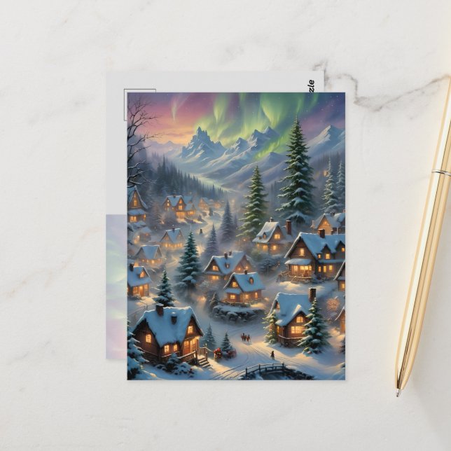 Christmas in a mountain village, polar lights  postcard (Front/Back In Situ)