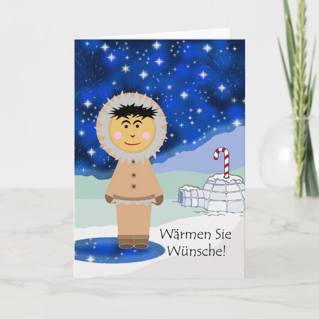 Christmas in German, Eskimo, Igloo, Candy Cane Holiday Card (Front)