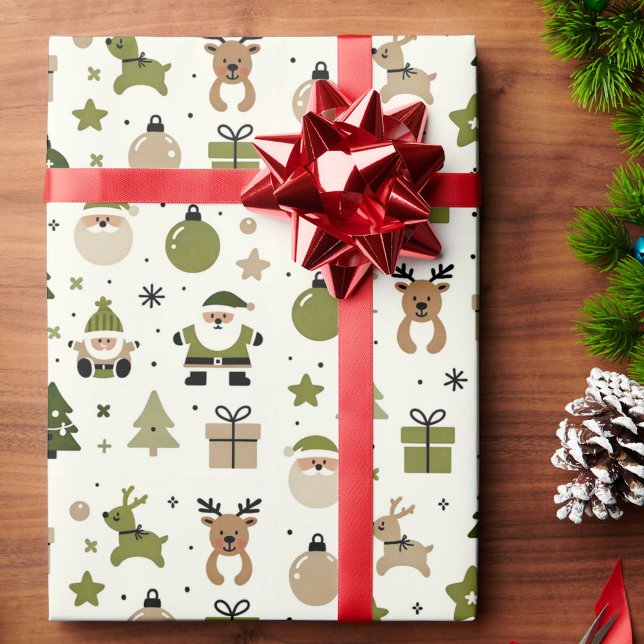 Christmas In Green Cute Santa Gifts Reindeer Wrapping Paper (Creator Uploaded)