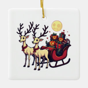 Christmas in Halloween Reindeer Pumpkin Presents Ceramic Ornament