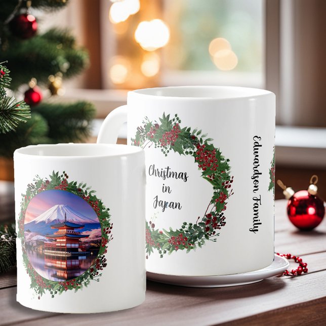 Christmas in Japan or other country photo monogram Coffee Mug (Christmas in Japan, mount Fuji landmark photo. You can add your own text, name and photo.)