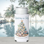 Christmas In July Beach Seltzer Can Cooler<br><div class="desc">Celebrate the season with this festive and beachy can cooler sleeve, perfect for a Christmas in July gathering. The design features a whimsical Christmas tree made of beach shells, starfish, and coral, now centred on the sleeve to create a balanced and eye-catching look. The soft teal blue and tan colour...</div>