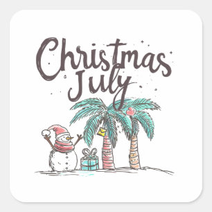 Christmas in July Beach Snowman Palm Tree Summer Square Sticker