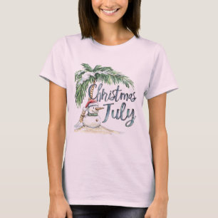 Christmas in July Beach Snowman & Palm Tree T-Shirt