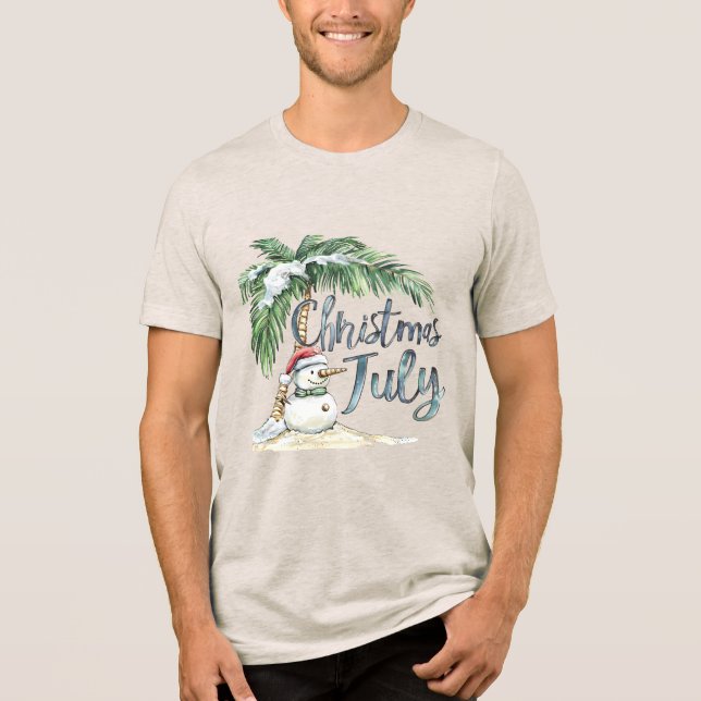Christmas in July Beach Snowman & Palm Tree Tri-Blend Shirt (Front)