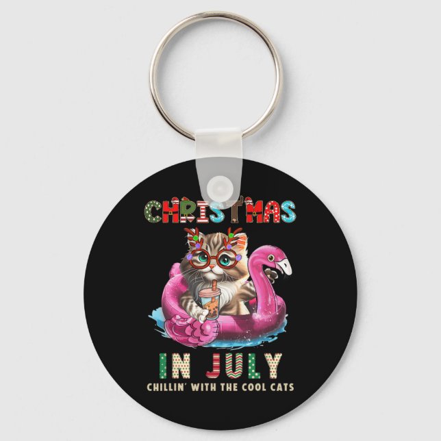 Christmas In July Chillin Cats Flamingo Float Meow Key Ring (Front)