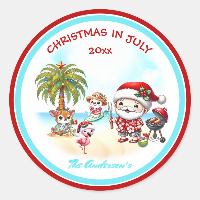 Christmas In July Cute Santa Tropical Summer  Classic Round Sticker (Front)