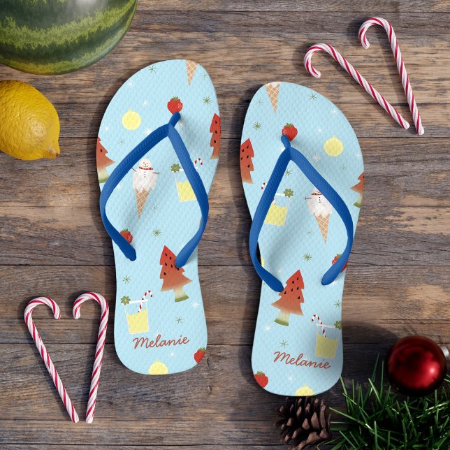 Christmas in July Cute Summer Pattern Blue Jandals (Ideal for your beach vacation during summer or Christmas, these can be customized with your name)