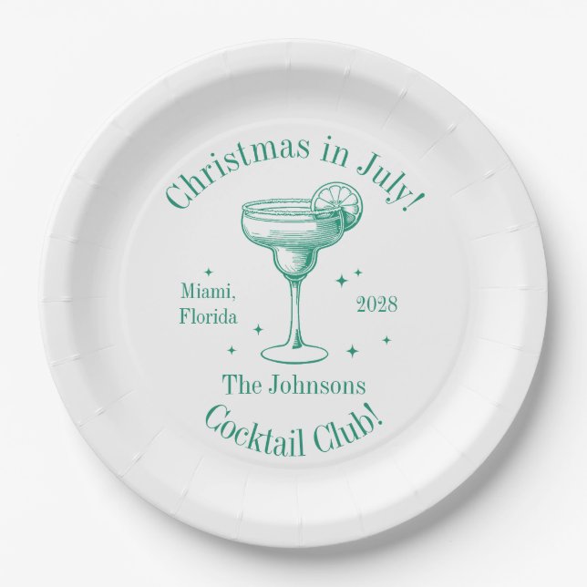 Christmas in July Family Name Cocktail Party Paper Plate (Front)