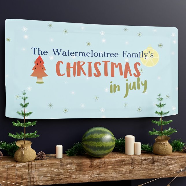 Christmas in July Family Name Summer Party Blue Banner (This banner can be a cherished family tradition that you bring out year after year)