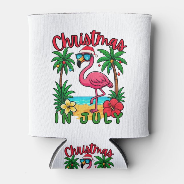 Christmas in July Flamingo Can Cooler (Front)
