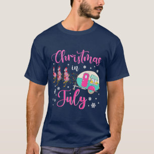 Christmas In July Flamingo Pink Santa Hat Camping  T-Shirt