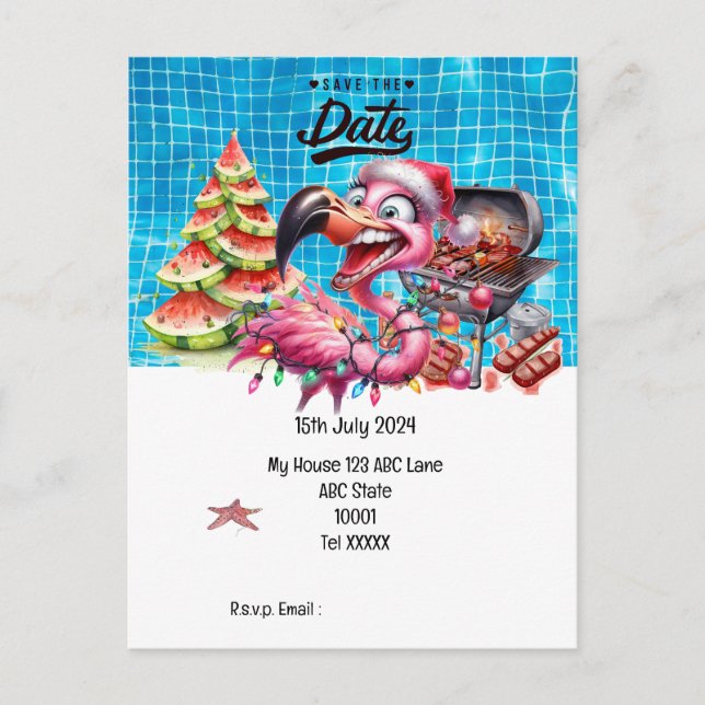 Christmas in July Flamingo Save the Date  Party Postcard (Front)