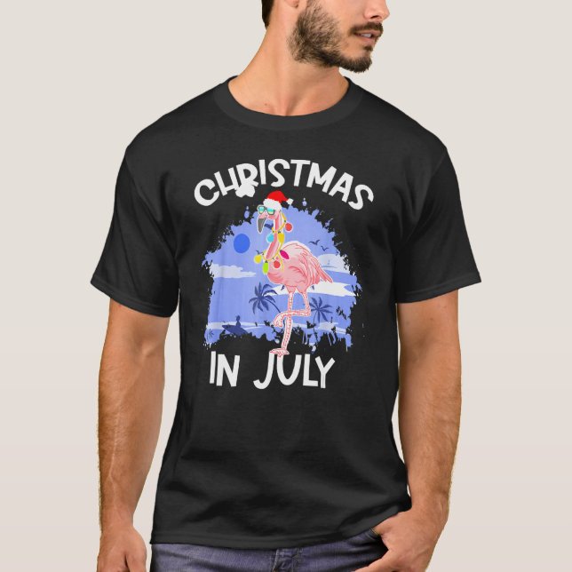Christmas In July  Flamingo Vacation Summer Beach  T-Shirt (Front)