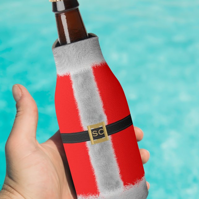 Christmas in July Fun Red Santa Suit Bottle Cooler (For Christmas in July and Christmas in December. Just add your initials to this Santa Bottle Cooler)