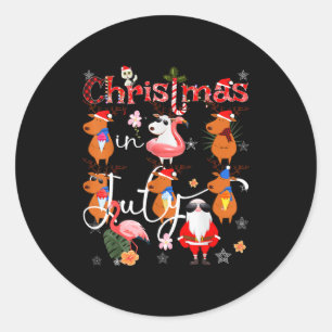 Christmas in july funny santa reindeer flamingos classic round sticker