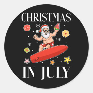 Christmas In July Funny Santa Surfing Summer Surfe Classic Round Sticker