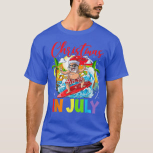 Christmas In July Funny Summer Santa Surfing Beach T-Shirt