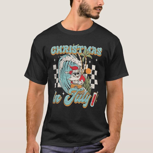 Christmas in July Groovy Santa Hawaiian Surfing Su T-Shirt (Front)