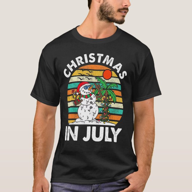 Christmas In July Melting Snowman Beach Summer Ret T-Shirt (Front)