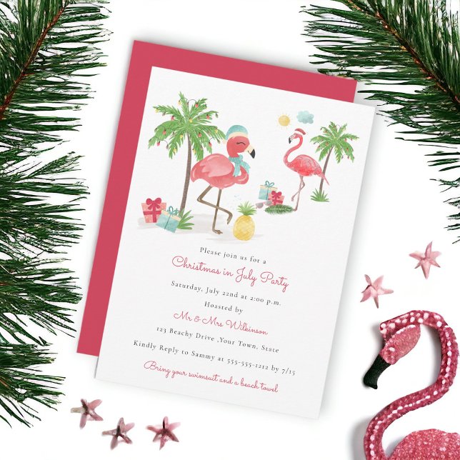 Christmas in july modern flamingo party invitation (Creator Uploaded)