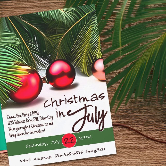 Christmas In July Palm Tree Red Ornaments Tropical Invitation (Christmas in July Palm trees and red ornaments)