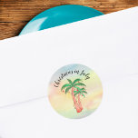 Christmas in July Palm Trees Classic Round Sticker<br><div class="desc">These stickers are decorated with a fun watercolor of palm trees decorated like Christmas Trees on a colourful background.
As we create our artwork you won't find this exact image from other designers.
Original Watercolor © Michele Davies.</div>