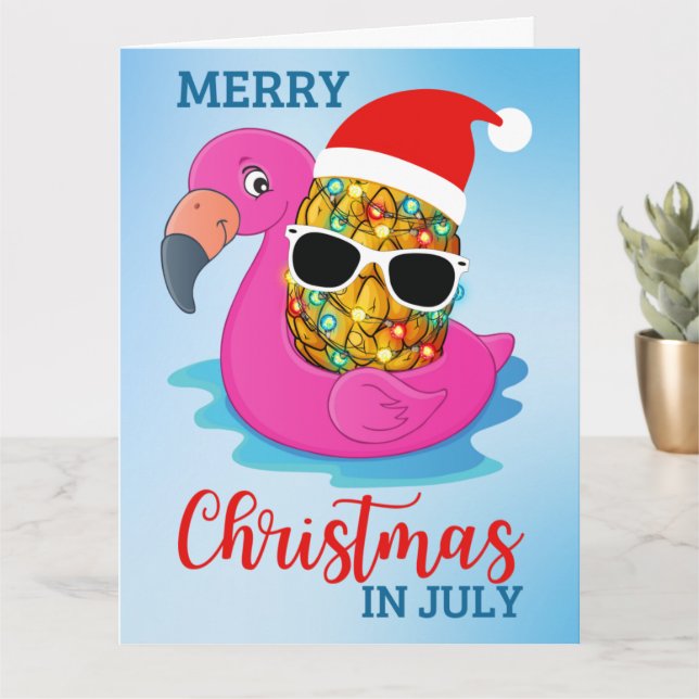 Christmas in July Pineapple Santas Hat Flamingo Ho Card (Small Plant)