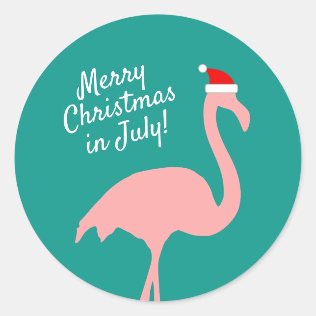 Christmas in July pink flamingo Santa Claus Classic Round Sticker (Front)