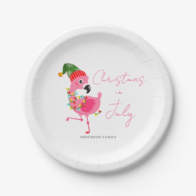 Christmas In July Pink Flamingo Tropical  Paper Plate (Front)