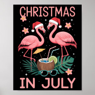 Christmas In July Pink Flamingo With Santa Hat  Poster