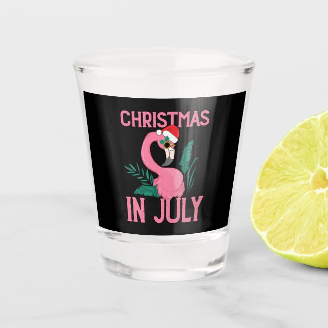 Christmas in july pink flamingo with santa hat shot glass (Front)