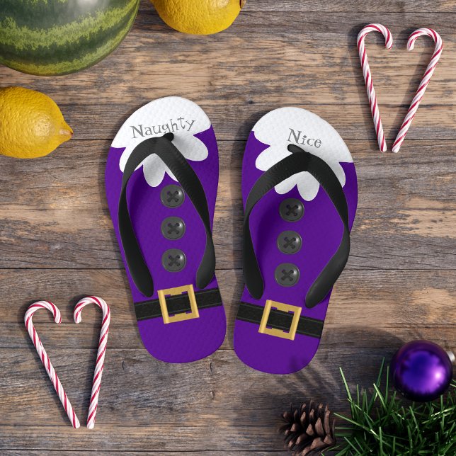Christmas in July Purple Naughty or Nice Festive Kid's Jandals (For Christmas in July (and the one in December) Have you been naughty and nice?)