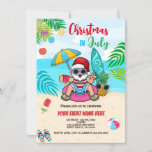 Christmas In July Santa Beach Party Kid Adult Invitation<br><div class="desc">Cute and Fun invitation in style. 
Theme: Christmas in July
Occasion: Birthday,  or Any Event. 
Style: Cute,  Cheerful,  Fun.
Colours: Red,  Blue,  Green. 
Graphics: Santa Claus,  Beach,  Palm Tree,  Pineapple,  Surf Board,  Flip Flops,  Popsicles,  Beach Ball.</div>