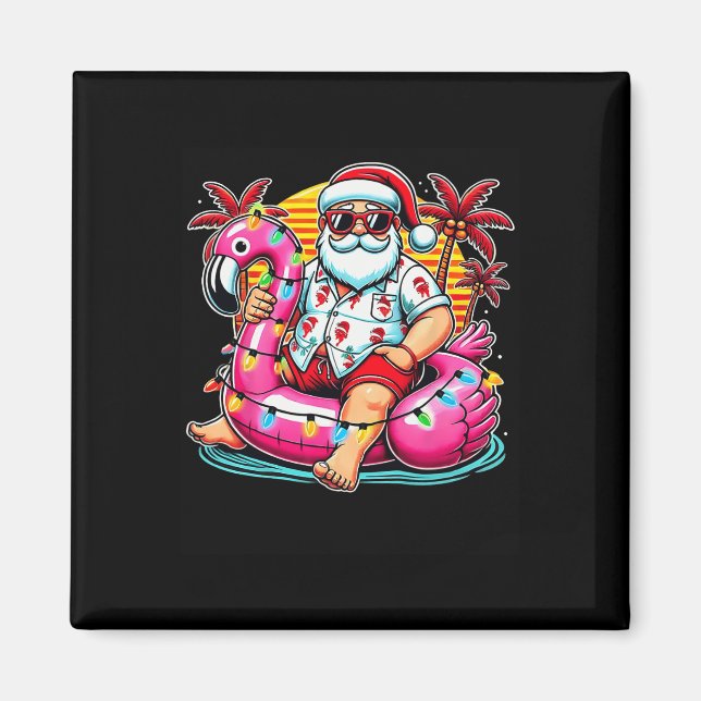 Christmas In July Santa Flamingo Float Summer Xmas Magnet (Front)