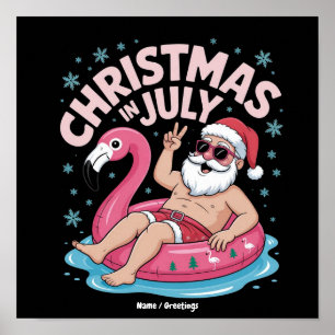 Christmas in July Santa Flamingo Funny Summer Xmas Poster