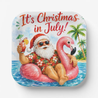 Christmas In July Santa Flamingo Hawaiin Fun Paper Plate