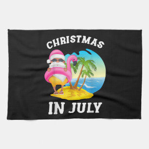 Christmas In July Santa Flamingo Pool Summer Tea Towel