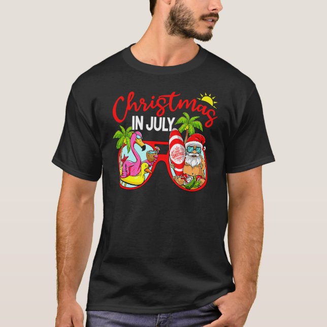 Christmas In July Santa Glasses Flamingo Surfing S T-Shirt (Front)
