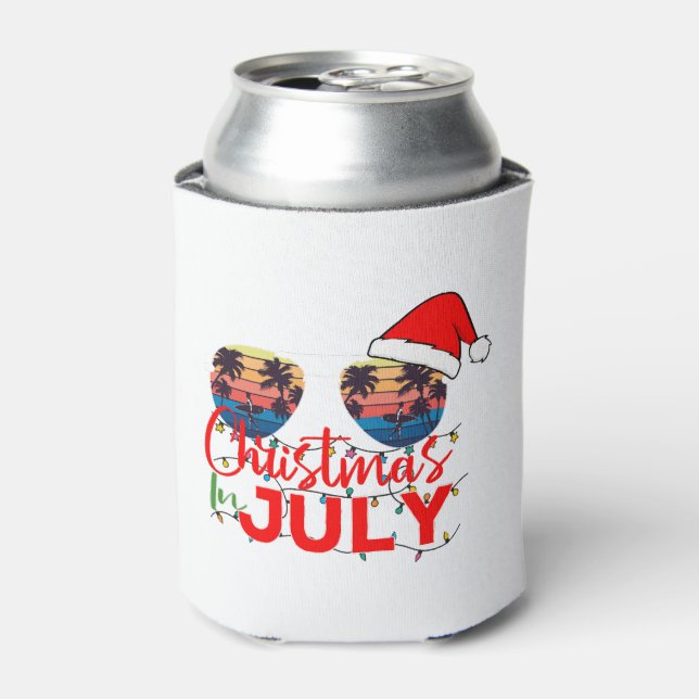 Christmas in July Santa Hat Sunglasses Beach Can Cooler (Can Front)