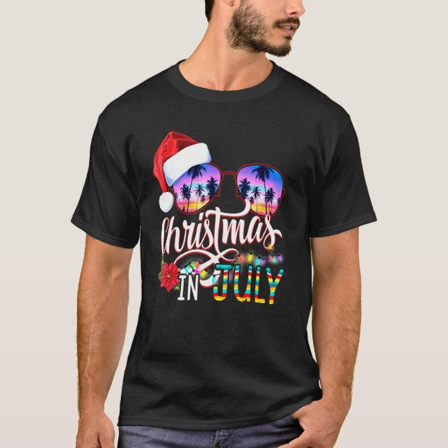 Christmas In July Santa Hat Sunglasses Hawaii Summ T-Shirt (Front)