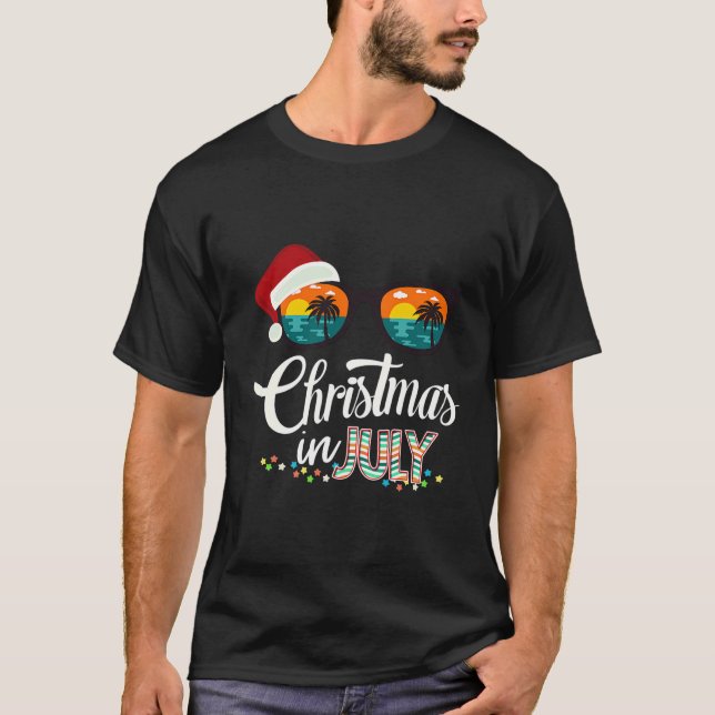 Christmas In July Santa Hat Sunglasses Summer Cele T-Shirt (Front)