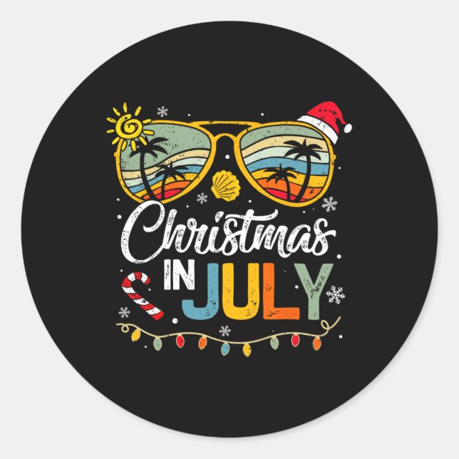 Christmas in July Santa Hat Sunglasses Summer Vaca Classic Round Sticker (Front)