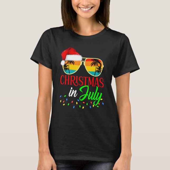 Christmas in July Santa Hat Sunglasses Summer Vaca T-Shirt (Front)